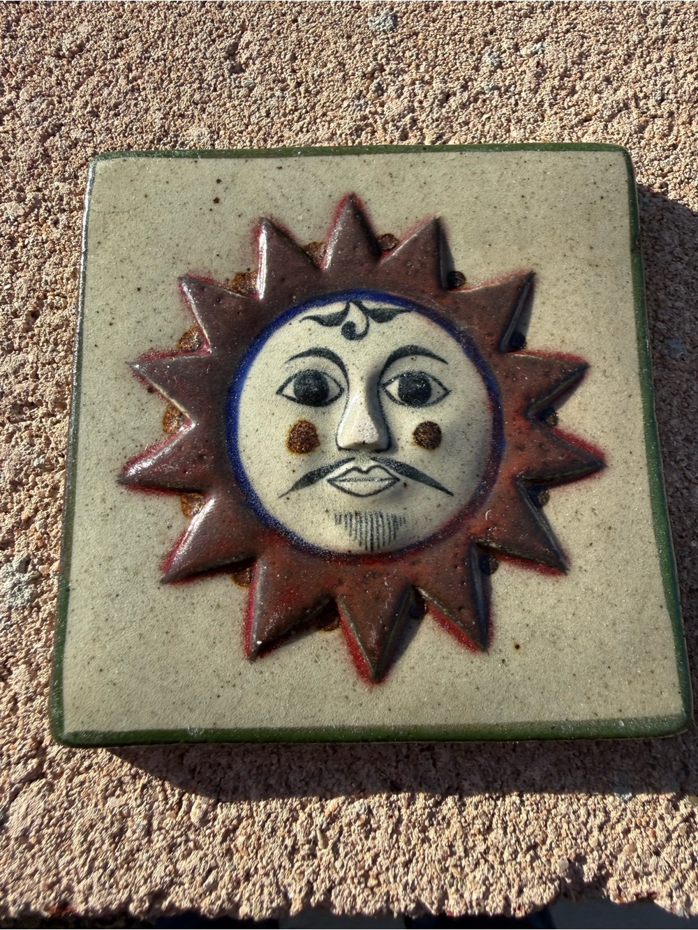 Mexican Folk Art Sun Face Tile Wall Hanging Handmade Pottery 4”x4